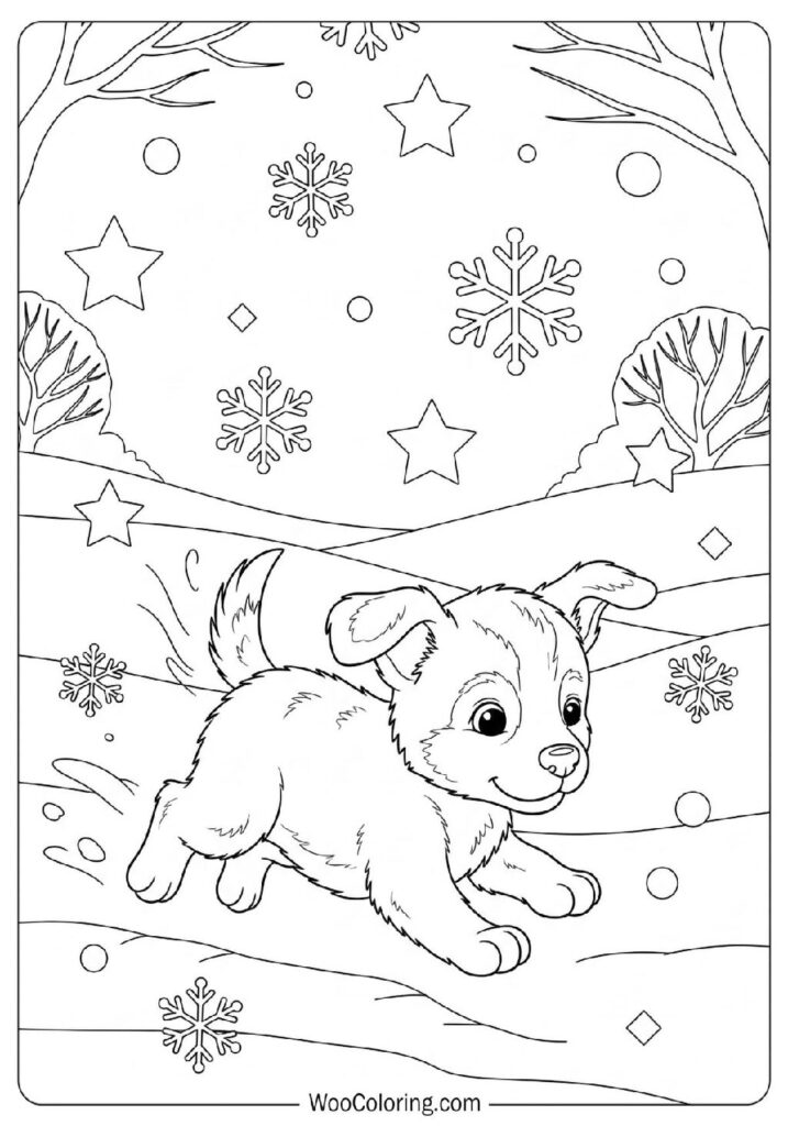 Cute Puppy Running Through Snowflakes Coloring Page for Kids