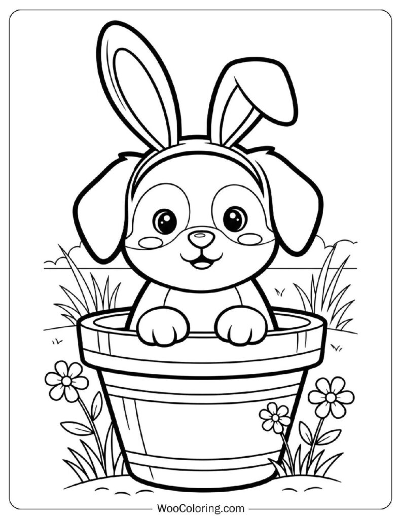 Cute Puppy Wearing Bunny Ears in a Flower Pot