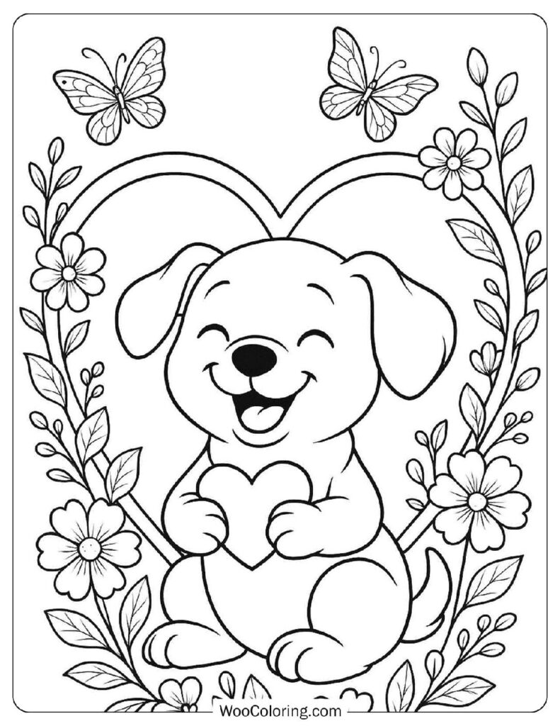 Cute Puppy with Heart Coloring Sheet