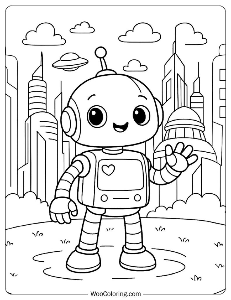Cute Robot with a Heart Coloring Page