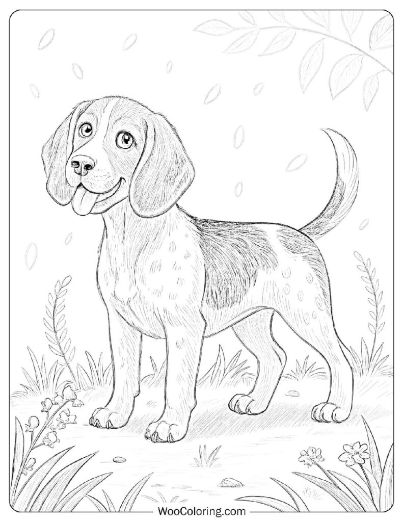 Beagle Walking Through a Flower-Filled Garden Path on a Spring Afternoon Coloring Sheet