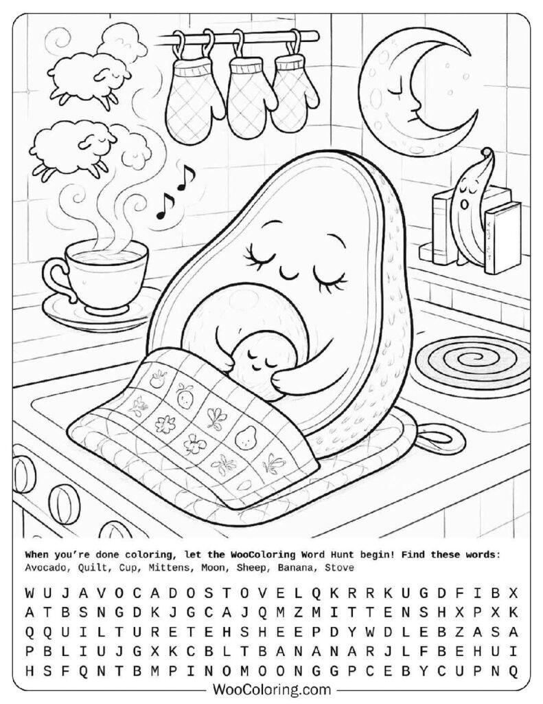 Cute Sleeping Avocado Picture to Color with Tea, Moon, and Dreamy Kitchen