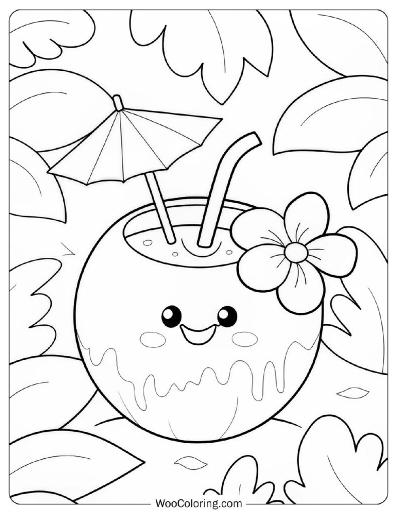 Cute Smiling Coconut Drink With Flower And Mini Umbrella To Color