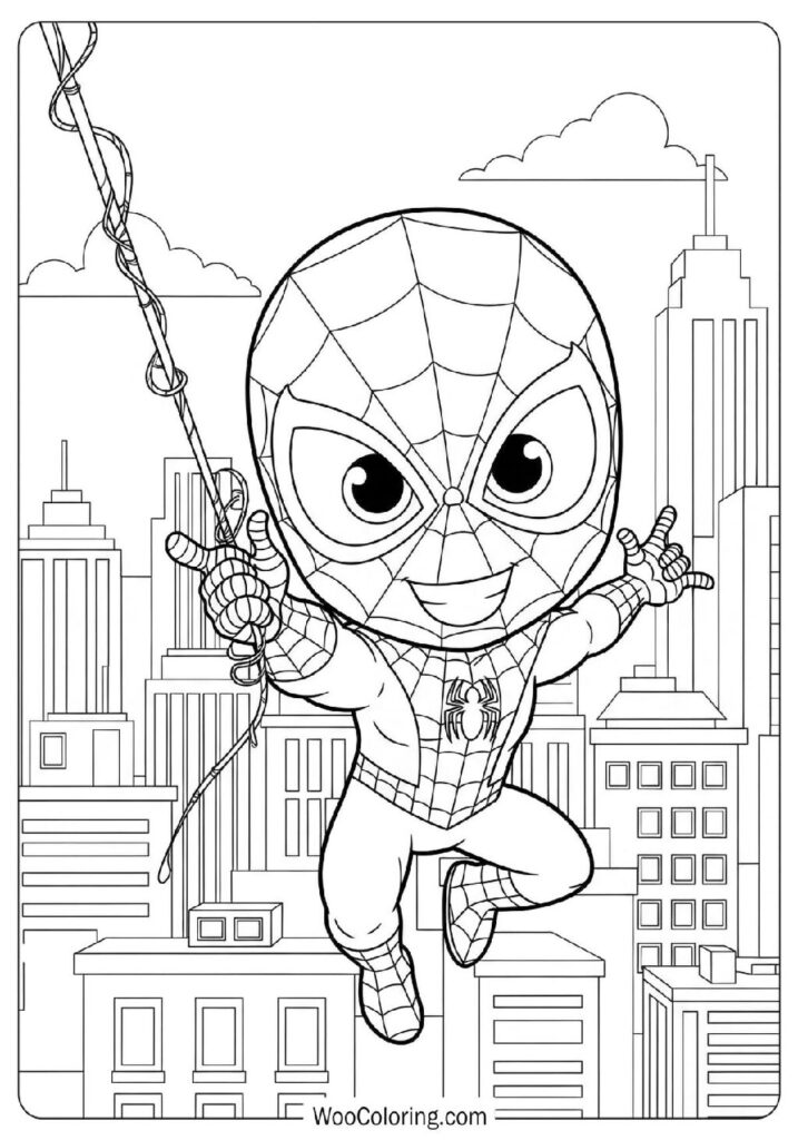 Cute Spiderman Smiling and Swinging Gently Through the City Coloring Sheet for Kids