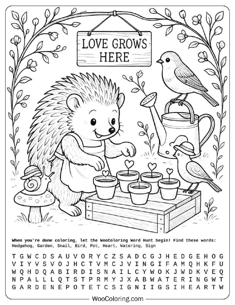 Cute Spring Hedgehog Planting Love Seeds Coloring Page