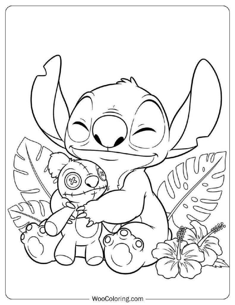 Cute Stitch Holding Scrump Doll Coloring Page for Preschoolers
