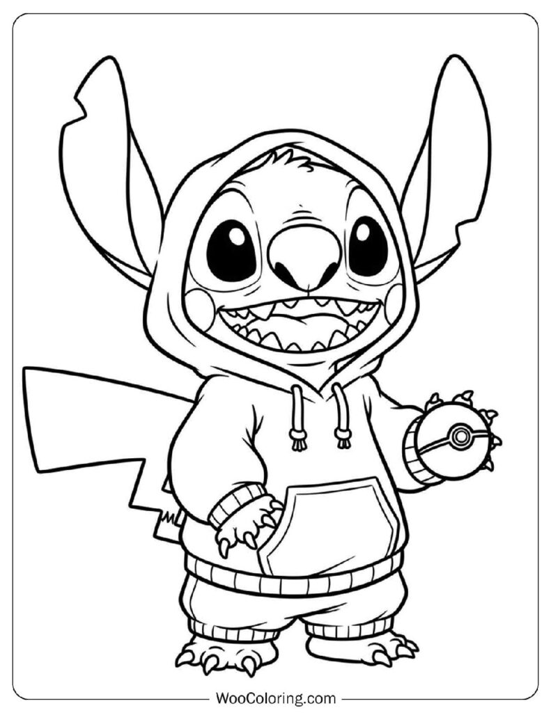 Cute Stitch Wearing Pikachu Costume with Pokeball