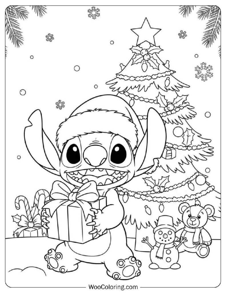 Cute Stitch Wearing Santa Hat and Gift Coloring Page