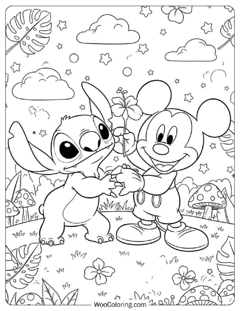 Cute Stitch and Mickey Happy Together Line Art