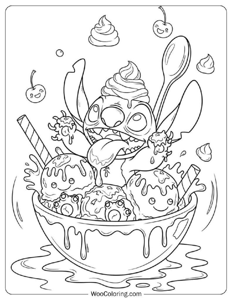 Cute Stitch in an Ice Cream Bowl Coloring Sheet for Preschoolers