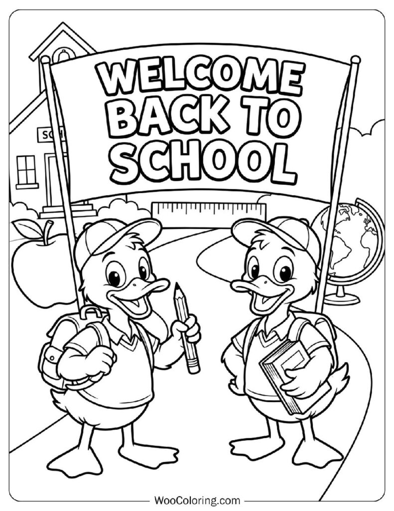 Cute Student Ducks with Welcome Back to School Text Coloring Picture