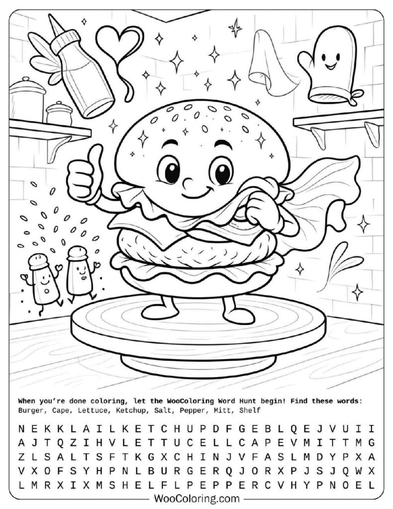 Cute Superhero Burger Coloring Page For Kids with Salt, Sauce, and Sparkles