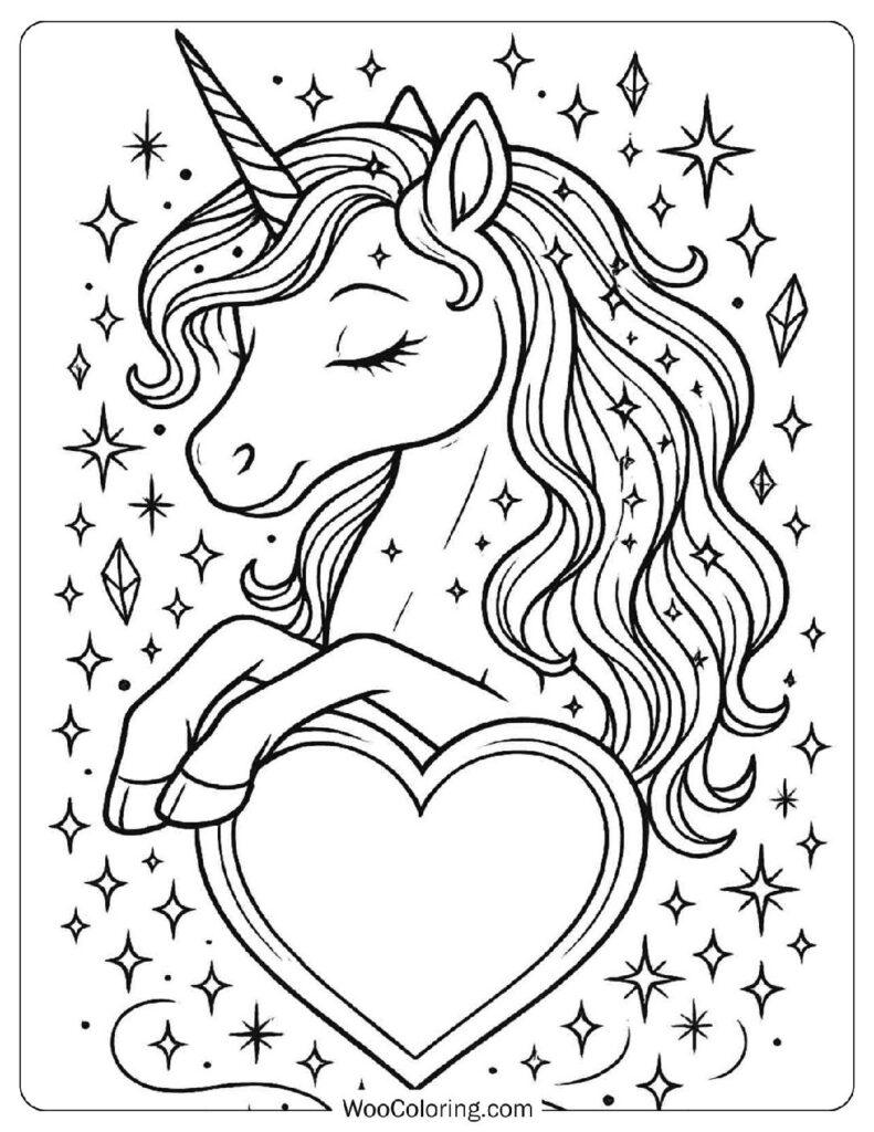 Cute Unicorn with Heart Coloring Sheet for Kids
