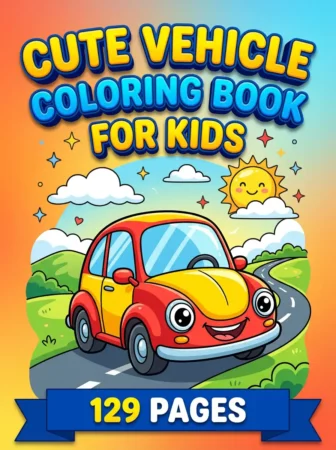 Children’s coloring book cover titled “Cute Vehicle Coloring Book for Kids” with a smiling red and yellow cartoon car driving on a winding road. Clouds, hills, a happy sun, colorful stars, and a blue banner reading “129 Pages” create a bright, playful scene.
