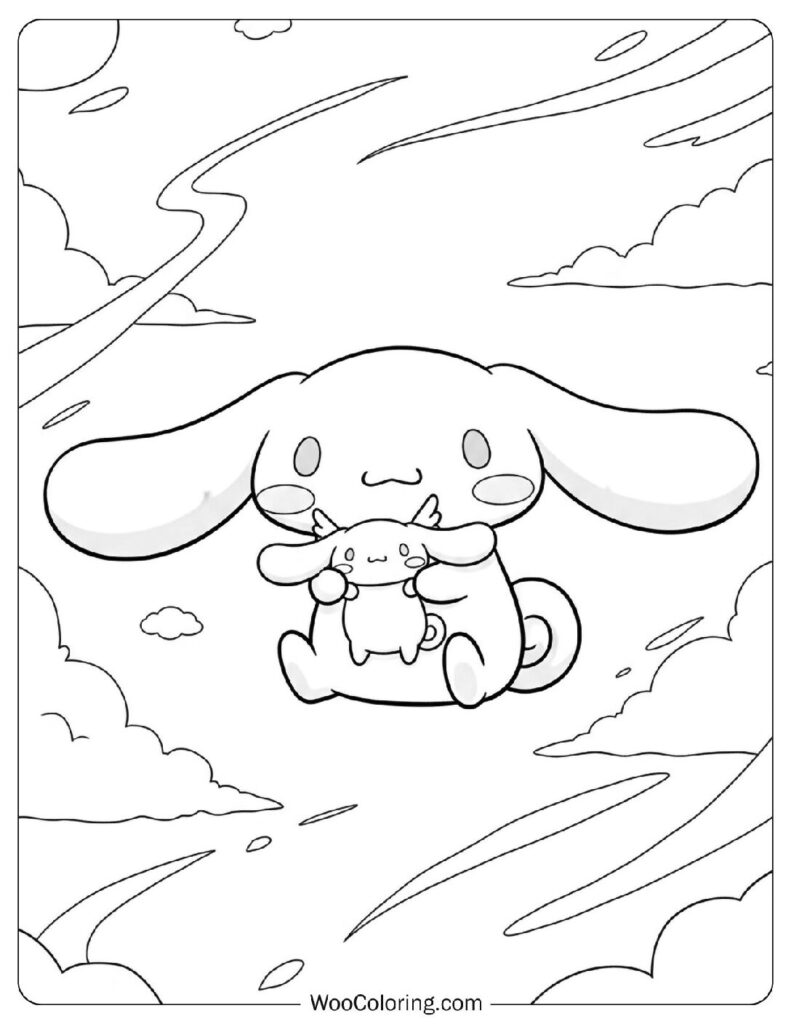 Cute coloring page of Cinnamoroll playing with kawaii baby Cinnamoroll among soft fluffy clouds