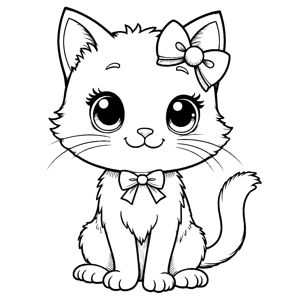 Cute kitten with big eyes and bows coloring page black and white line art for kids
