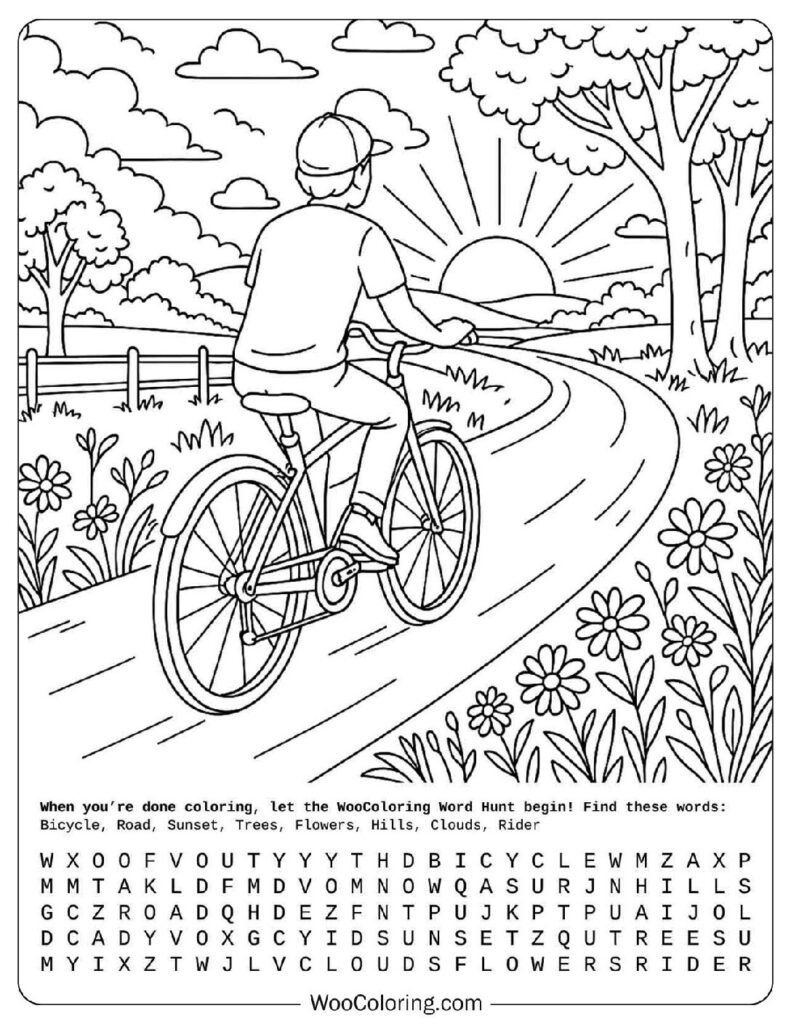 Person riding bicycle on path through nature with sunset in background in summer coloring page