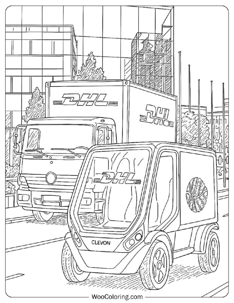 DHL Delivery Robot Clevon And Truck Coloring Page On City Street