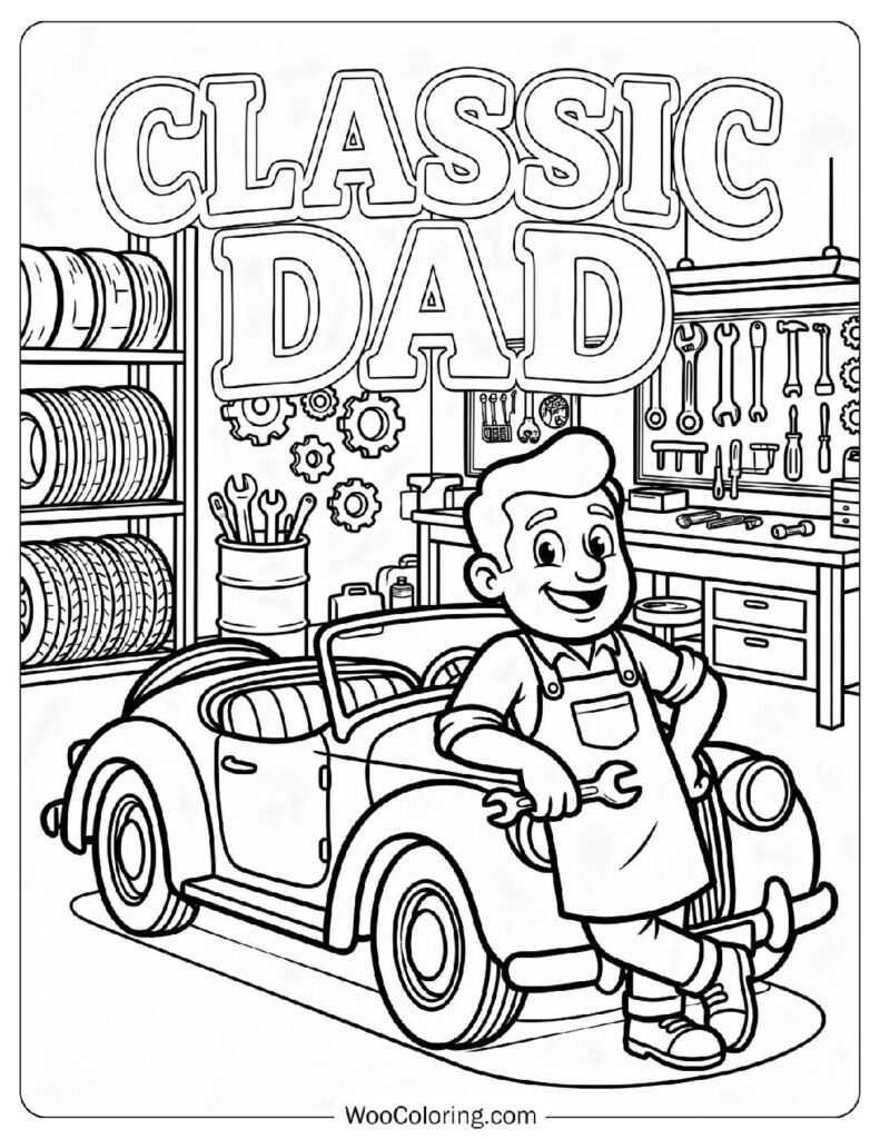 Dad Fixing Classic Car in Garage Workshop with Tools