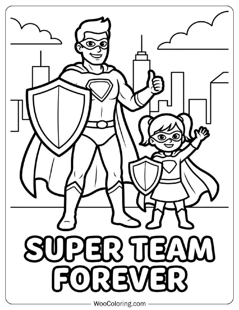 Dad and Daughter Super Team Posing with Masks and Shields Coloring Sheet for Girls