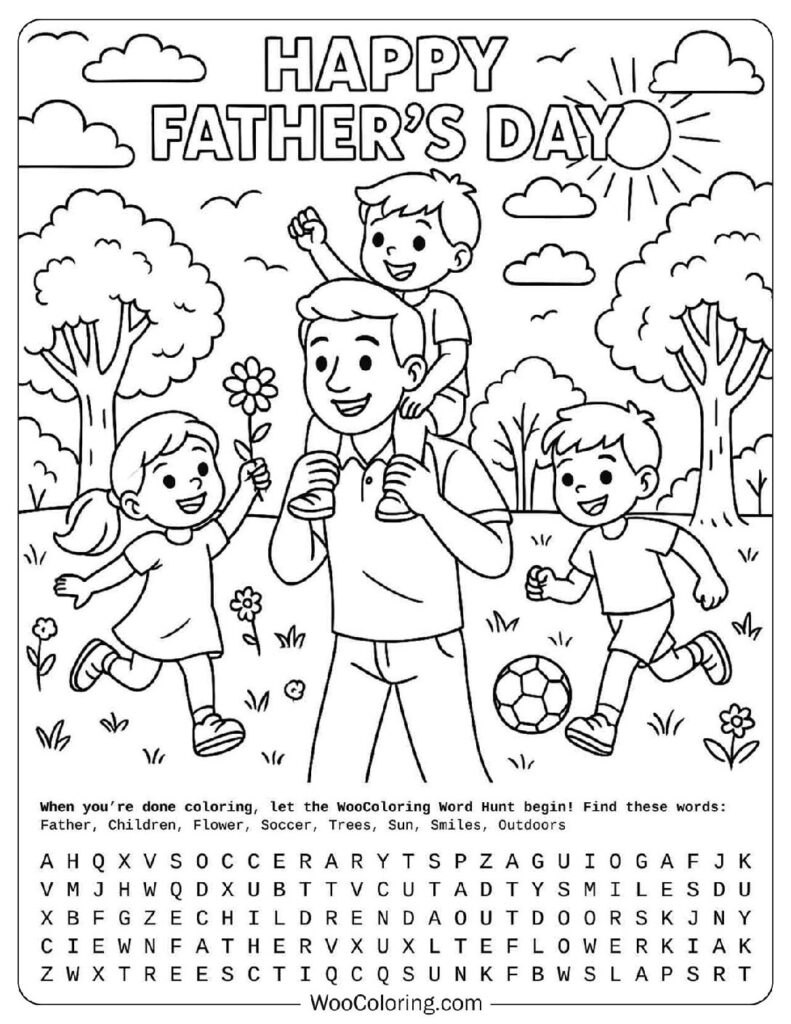 June coloring page
  of kids playing with dad on Father's Day