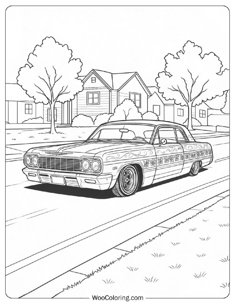 Detailed 1964 Chevrolet Impala Gypsy Rose Lowrider Coloring for Adults