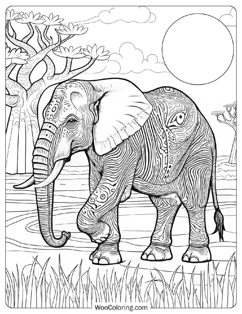 Detailed African Elephant Standing Gracefully with Tribal Patterns