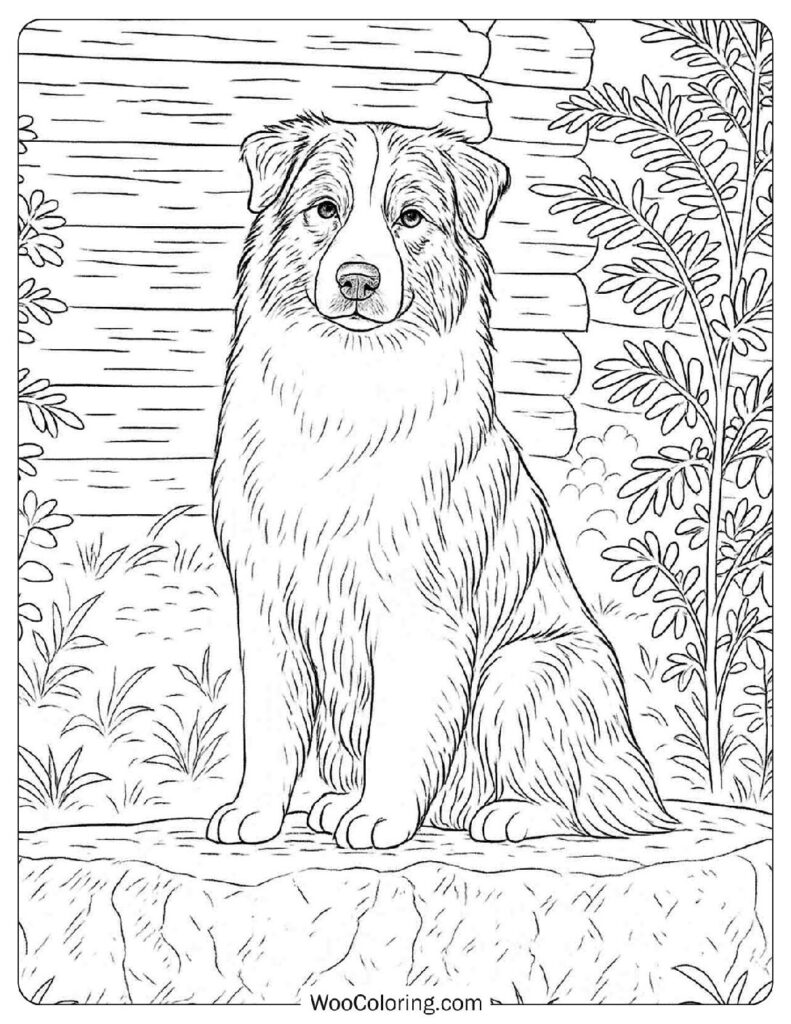Highly Detailed Australian Shepherd in Line Art with Fluffy Fur and Alert Expression