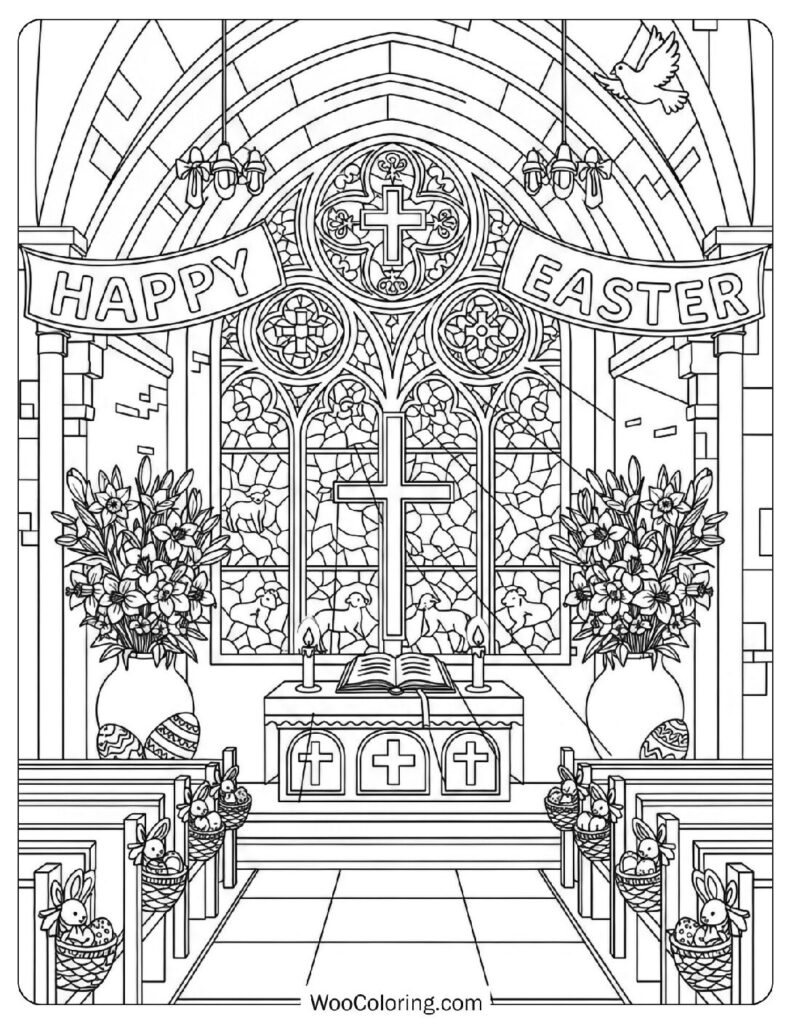 Detailed Church Scene with Easter Decorations Coloring Page