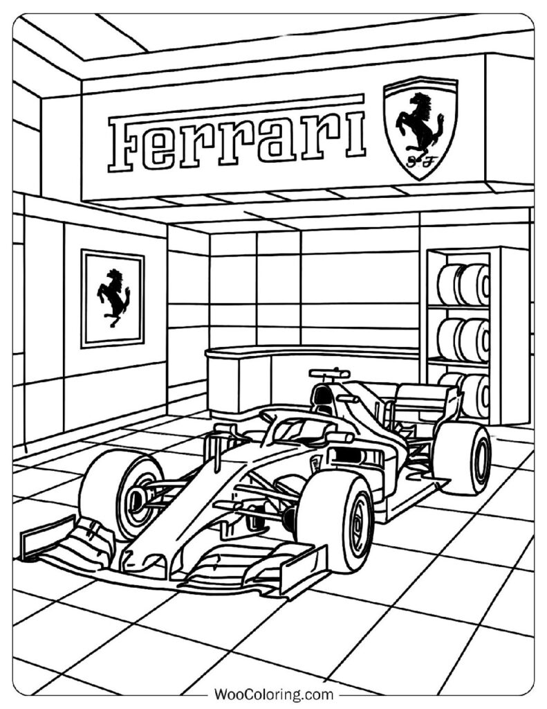 Detailed Coloring Page Of Ferrari Formula 1 Car in Team Garage at Scuderia Ferrari