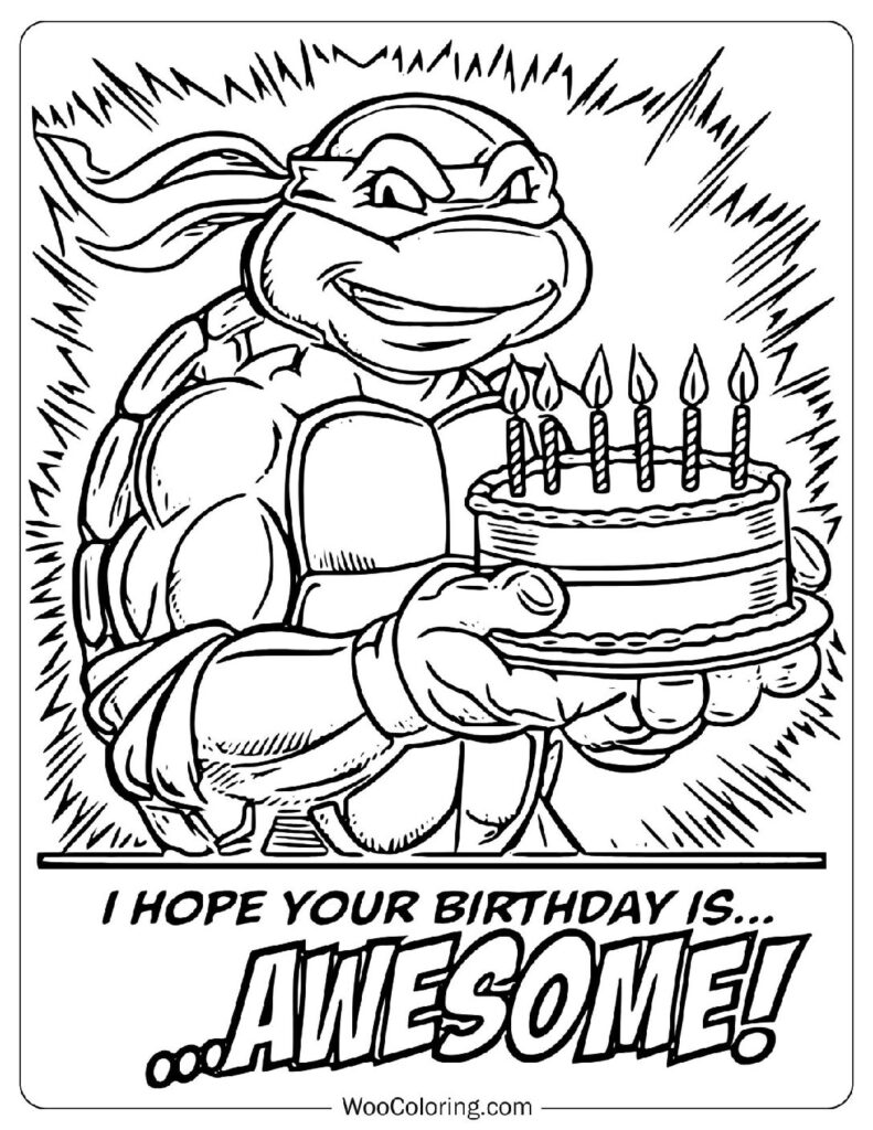 Detailed Coloring Page Of Happy Birthday Ninja Turtle With Cake And Awesome Greeting