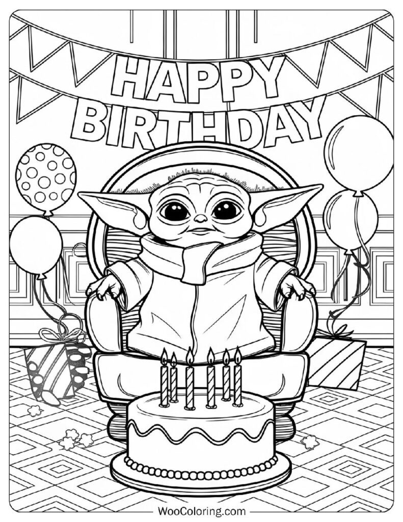Detailed Coloring Page Of Happy Birthday Party With Baby Yoda