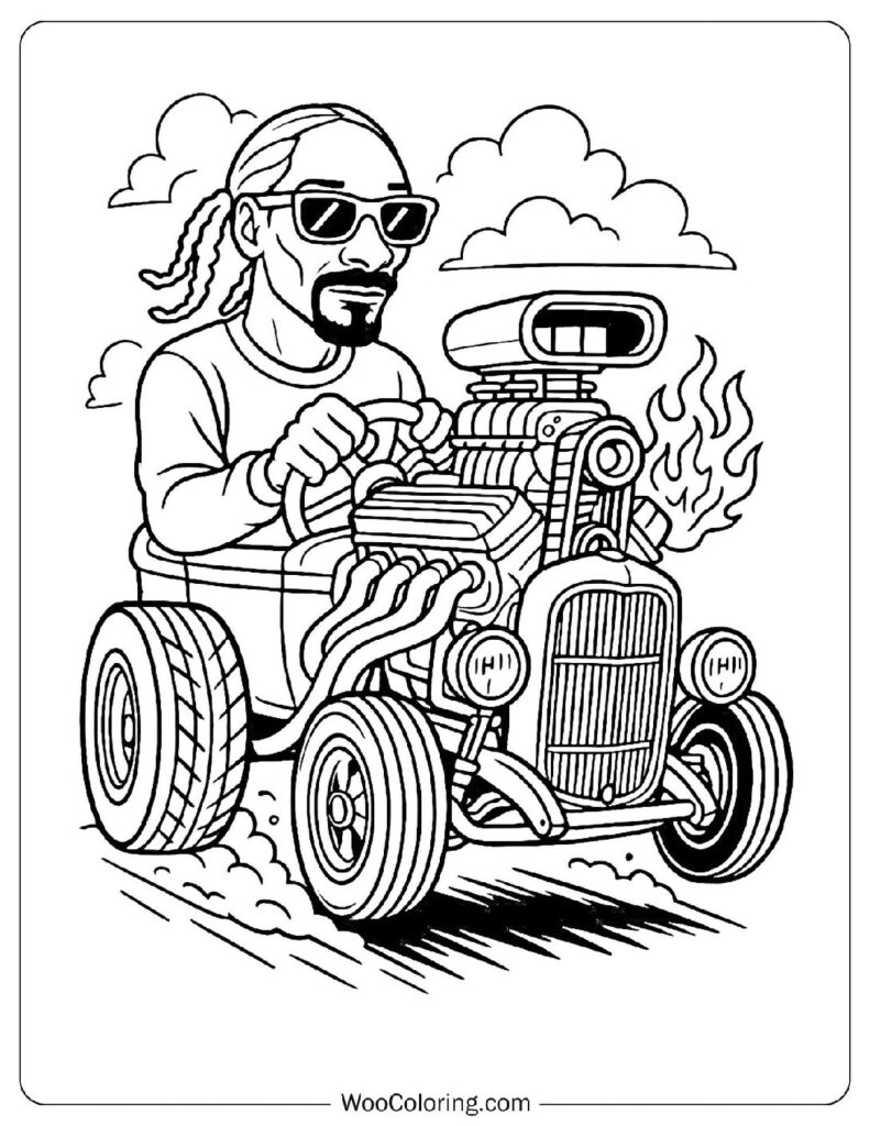 Detailed Coloring Page Of Snoop Dogg Cruising in a Flame-Spitting Hot Rod