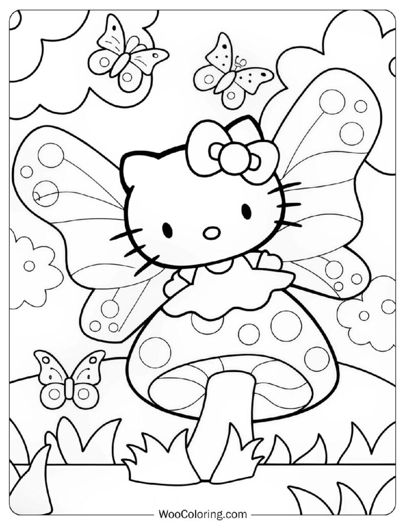 Detailed Coloring Page Of Whimsical Butterfly Hello Kitty Hugging Mushroom