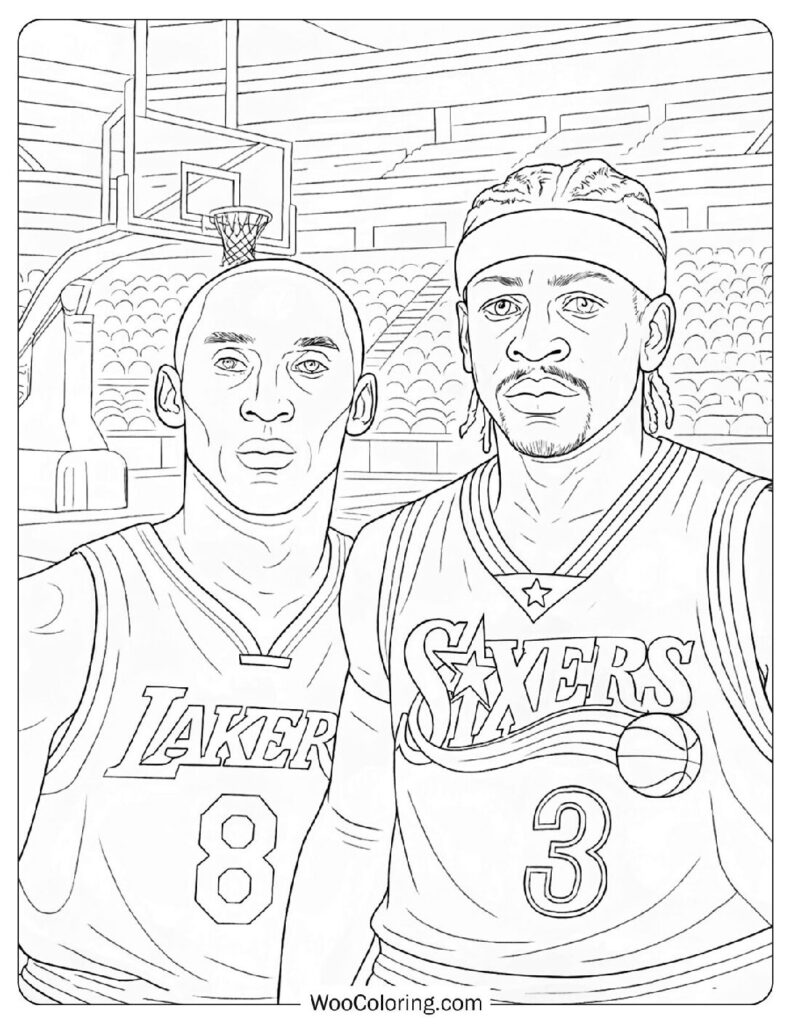 Detailed Coloring Page of Kobe Bryant and Allen Iverson Face Off in NBA Matchup