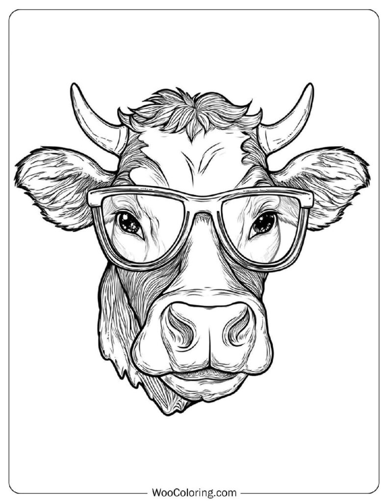 Detailed Cow Head With Glasses – Outline Coloring Picture