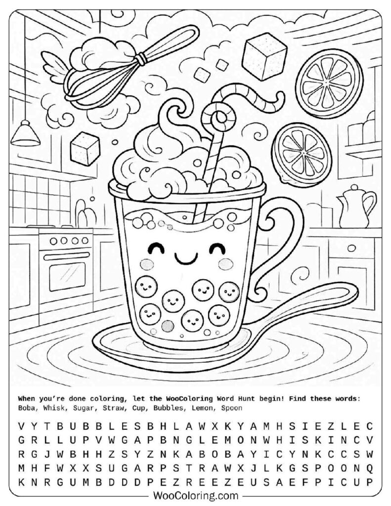 Detailed Cute Kawaii Boba Tea Coloring Picture with Cream, Pearls and Lemon