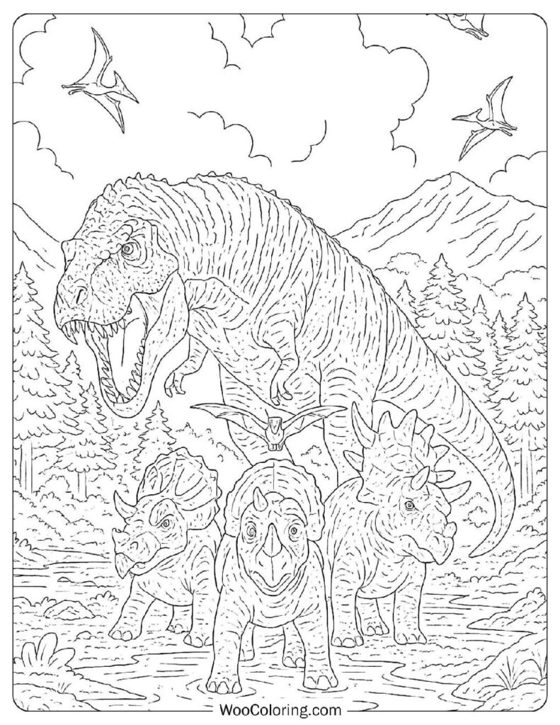Detailed Dinosaurs Picture To Color Featuring Pachyrhinosaurus, Edmontonia, Gorgosaurus, Pterosaurs
