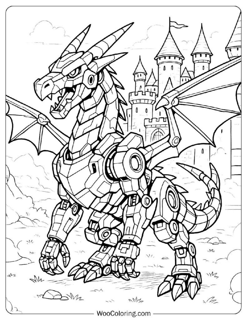Dragon Robot Next to Castle Coloring Page