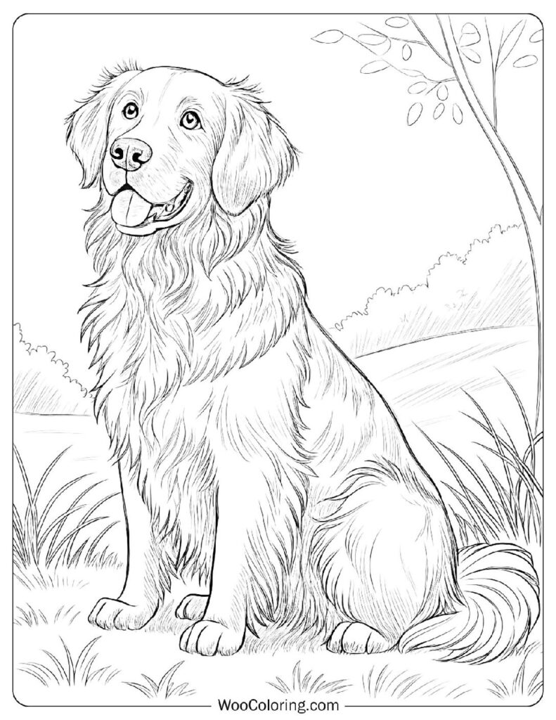 Golden Retriever with Flowing Fur Sitting in Front of a Scenic Mountain View