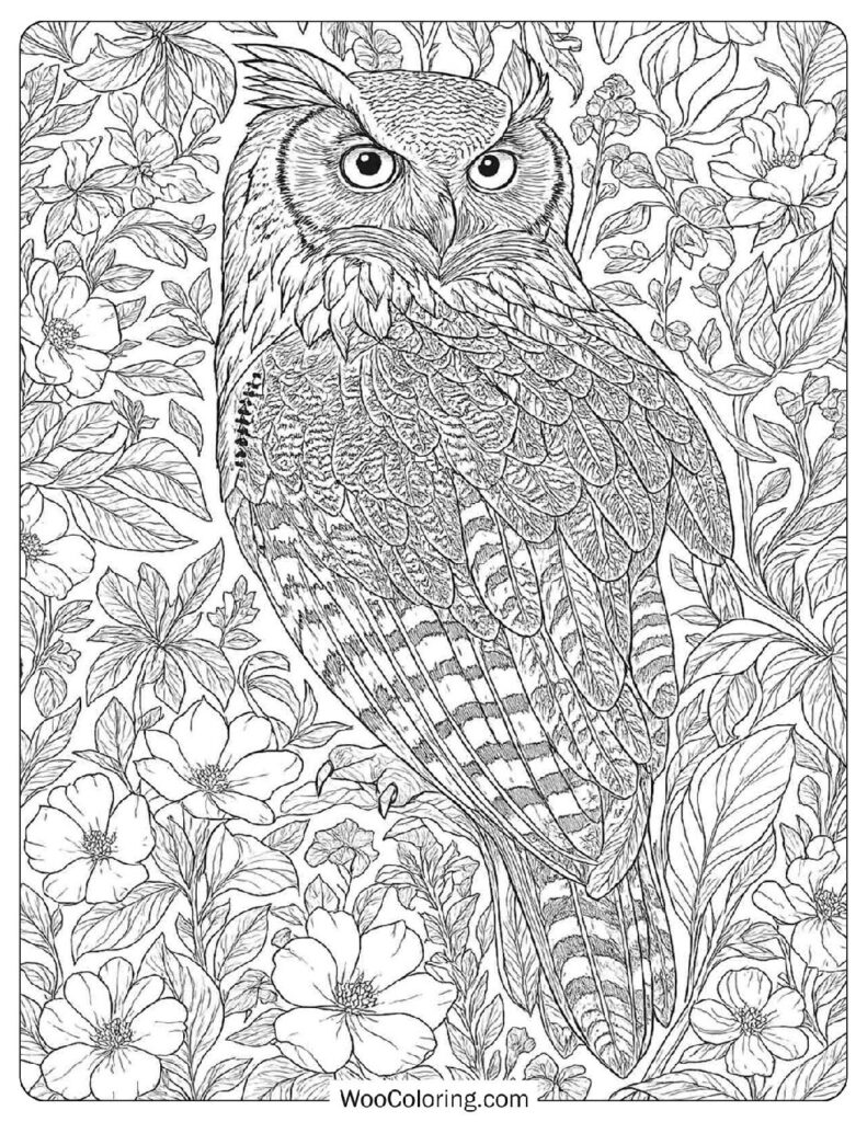 Detailed Line Art Of Owl Surrounded By Flowers And Leaves