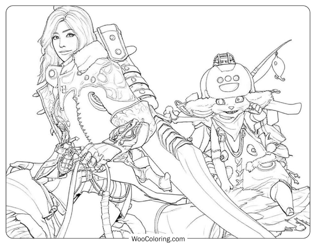 Detailed Monster Hunter Wilds Characters in Armor Coloring Page