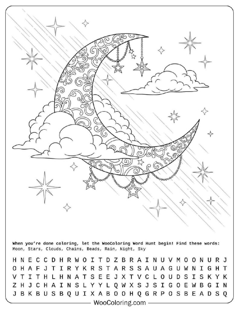 Detailed Moon and Stars Doodle Line Art with Mandala Patterns for Adults