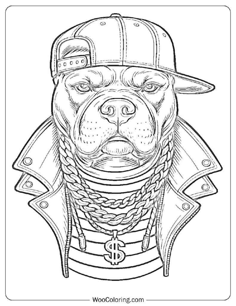 Hip-Hop Inspired Dog in a Jacket and Cap with Gold Chains Sitting on City Steps
