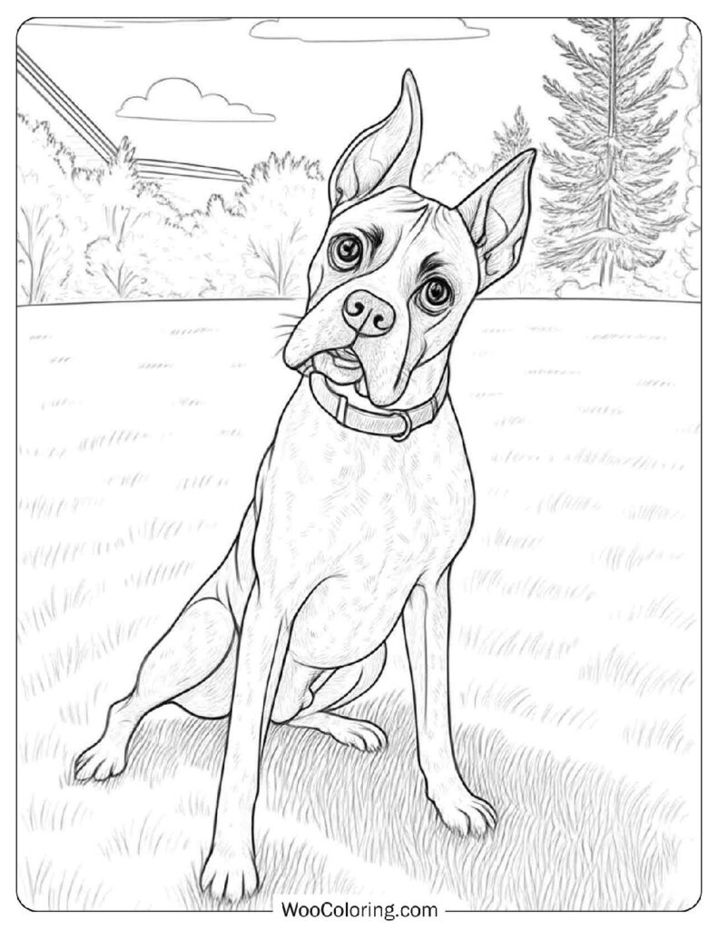 Relaxed Boxer Sitting in a Quiet Park Surrounded by Nature Coloring Page for Adults