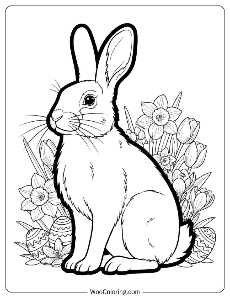 Detailed Realistic Wild Rabbit with Easter Flowers Coloring Sheet for Kids