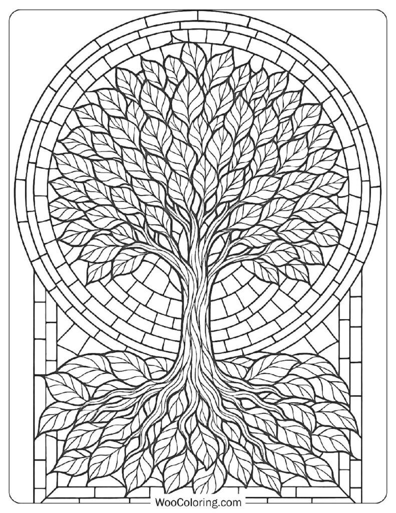 Detailed Stained Glass Tree of Life Coloring Page for Adults