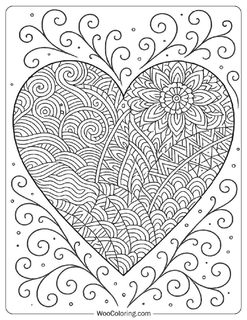 Detailed Zentangle Heart Drawing to Color