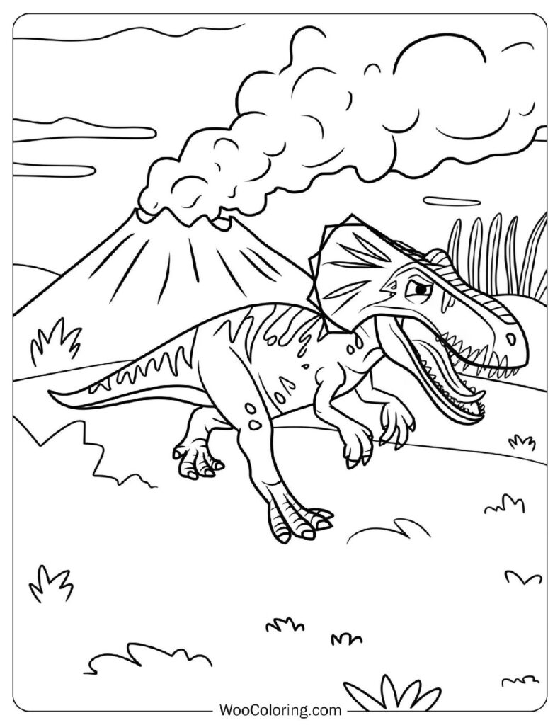 Dilophosaurus During Eruption Coloring Page For Kids