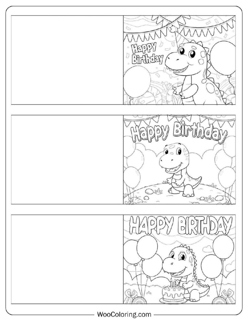 Dino-Themed Happy Birthday Card Collection Coloring Sheet